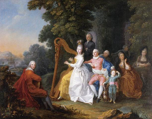 An elegant party in the countryside with a lady playing the harp and a gentleman playing the guitar